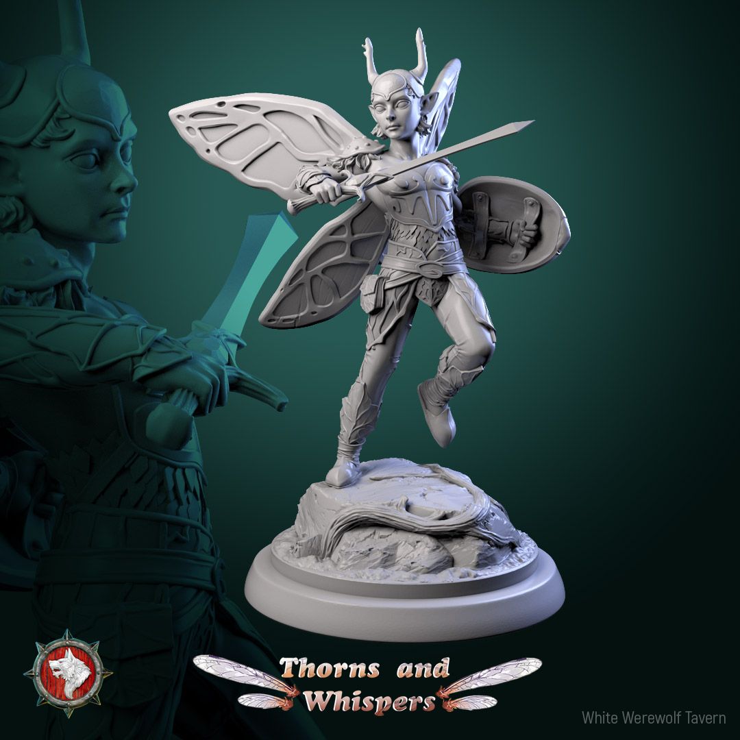 Amber-wing Warden Model 2, 32mm fey knight leaping with sword and buckler
