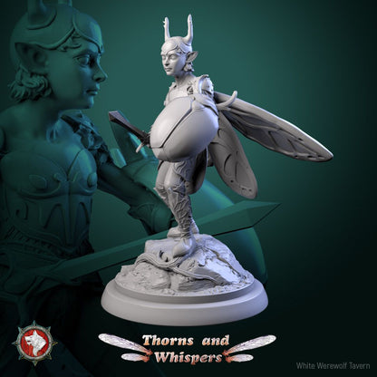 Amber-wing Warden Model 3, 32mm fey knight advancing behind a beetle-shell shield with short sword