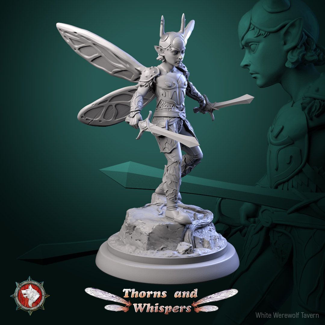 Amber-wing Warden Model 4, 32mm fey knight fighting with paired swords