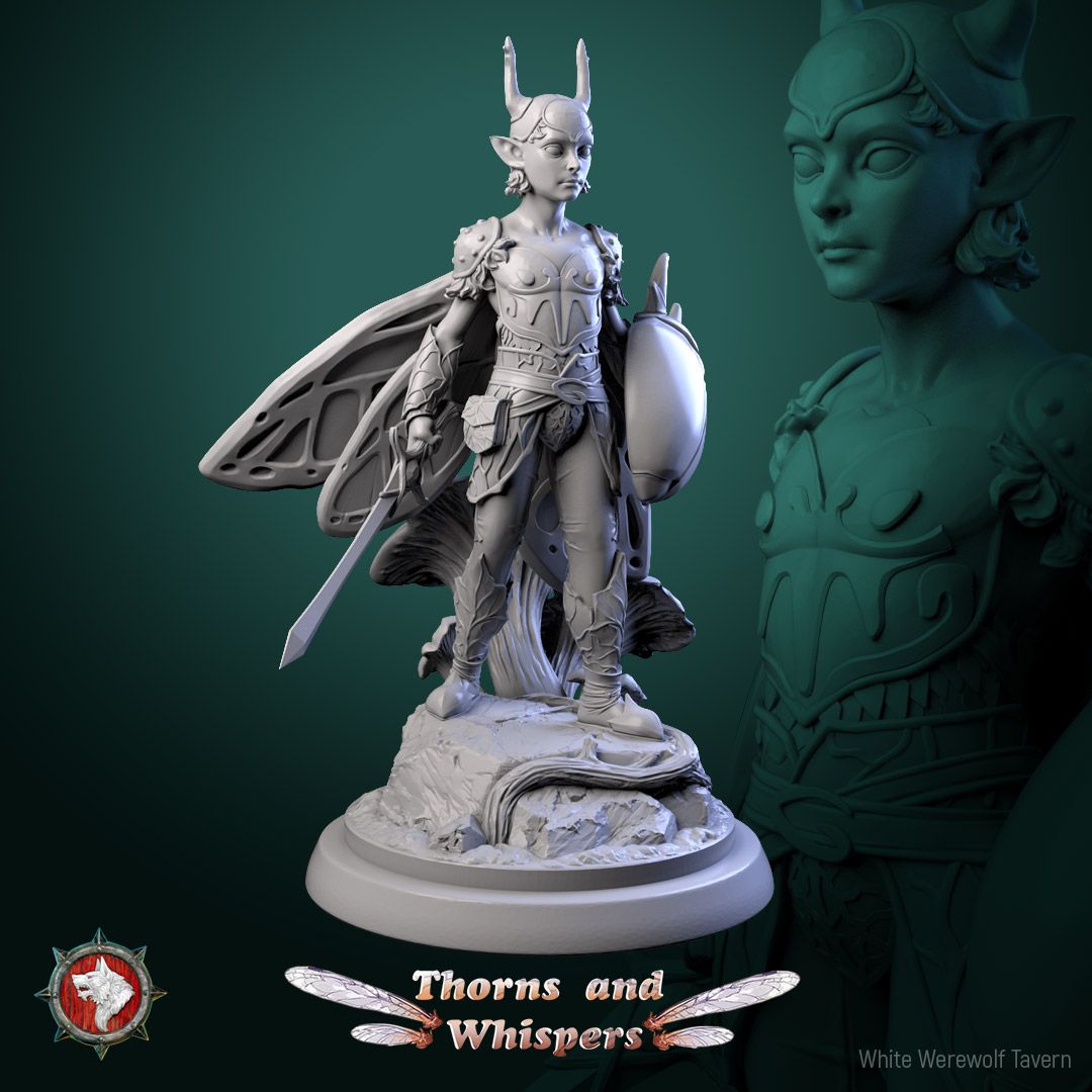 Amber-wing Warden Model 5, 32mm fey knight standing with sword lowered and beetle-shell shield on a mushroom base