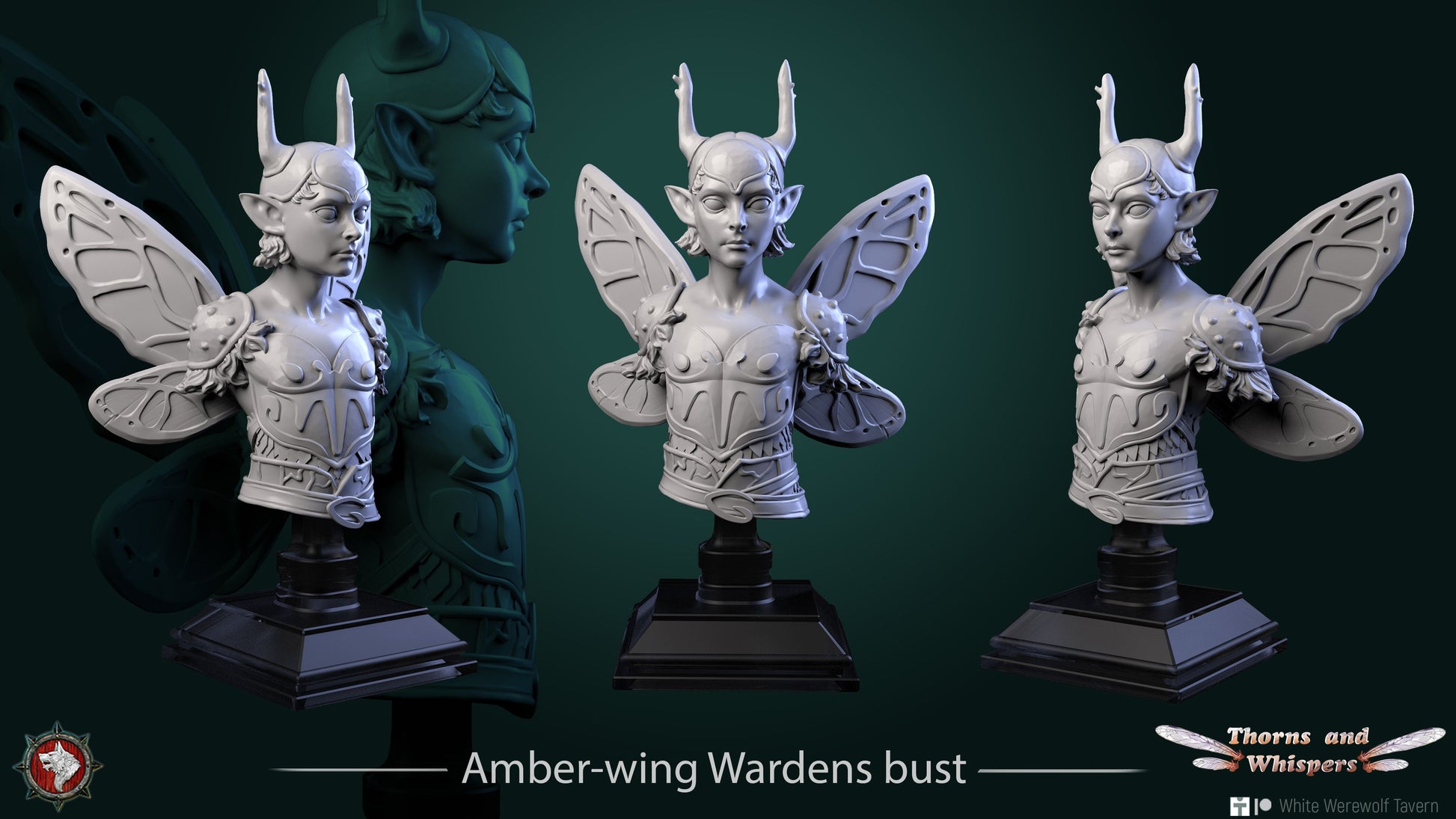 Amber-wing Warden bust title render, three views of the horned fey knight bust