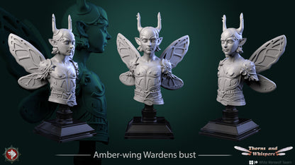 Amber-wing Warden bust title render, three views of the horned fey knight bust