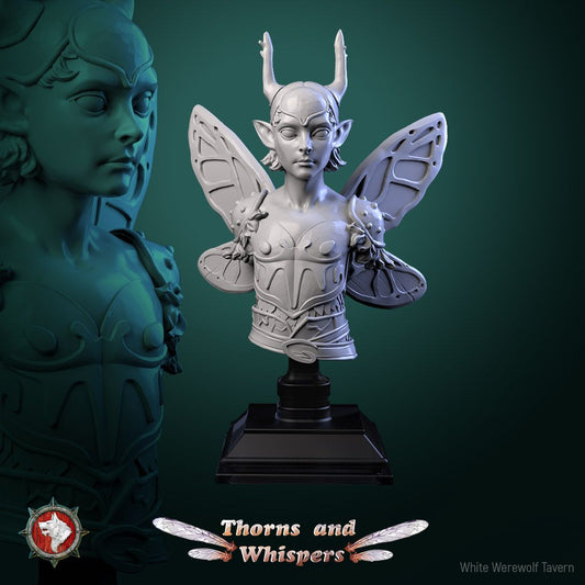 Amber-wing Warden bust, front view, horned fey knight bust with butterfly wings and armored corset