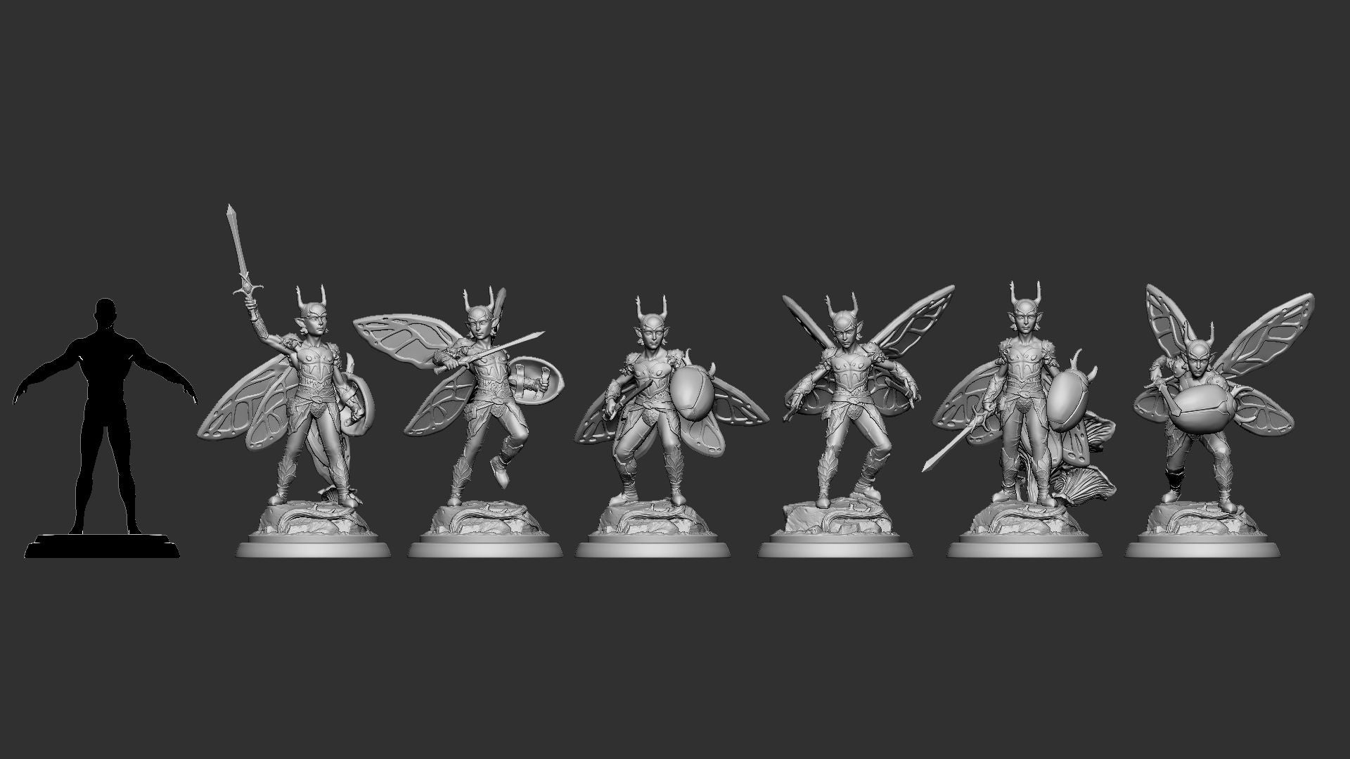Amber-wing Wardens dimension sheet, all six 32mm sculpts beside a scale silhouette