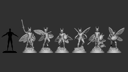 Amber-wing Wardens dimension sheet, all six 32mm sculpts beside a scale silhouette