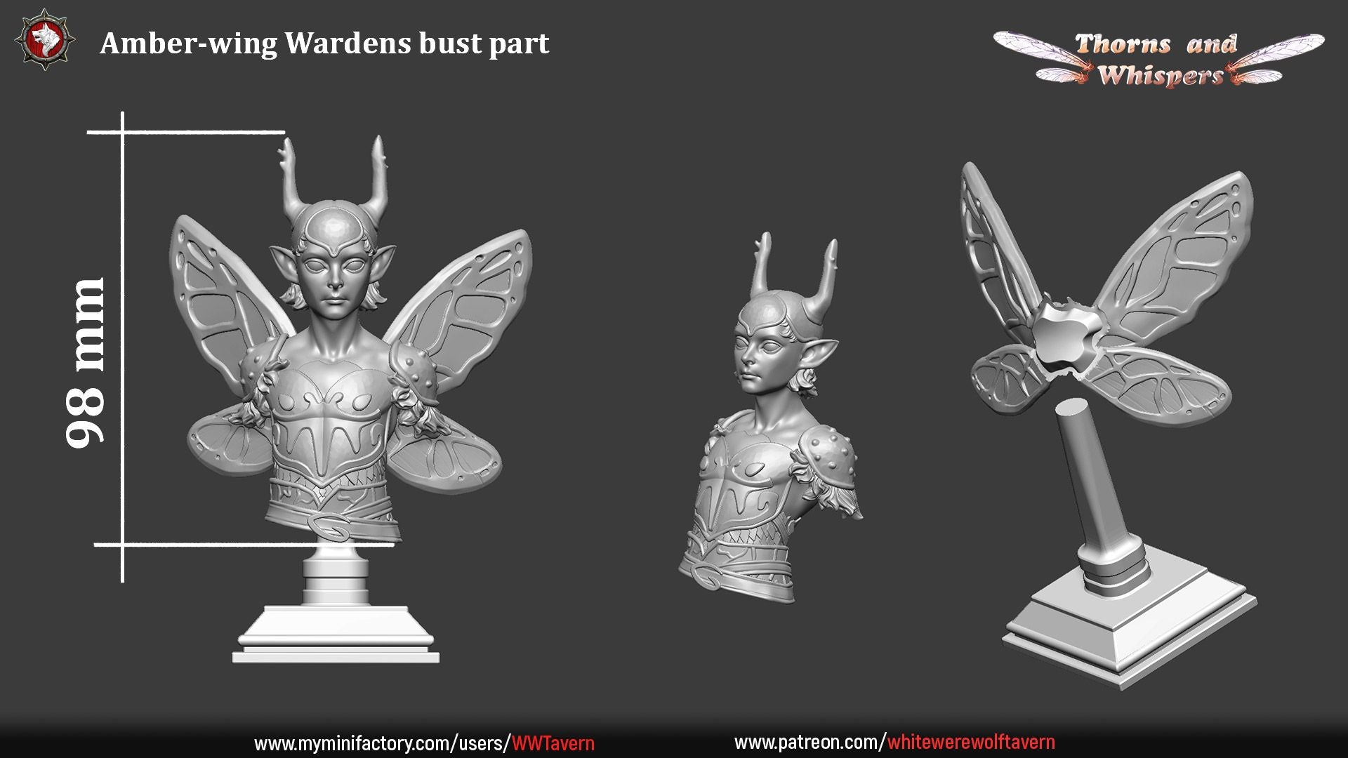 Amber-wing Warden bust parts sheet, 98mm height with separate wings and plinth