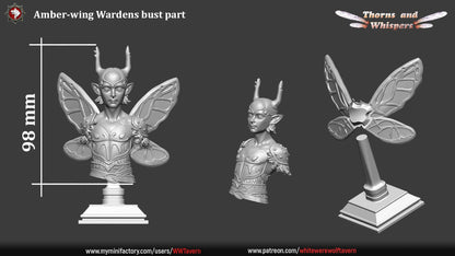 Amber-wing Warden bust parts sheet, 98mm height with separate wings and plinth