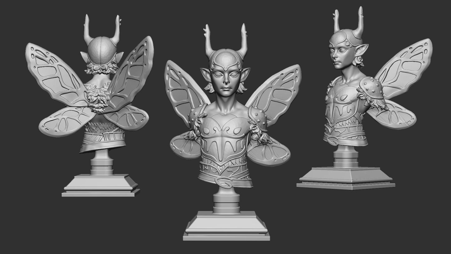 Amber-wing Warden bust three-view turnaround render