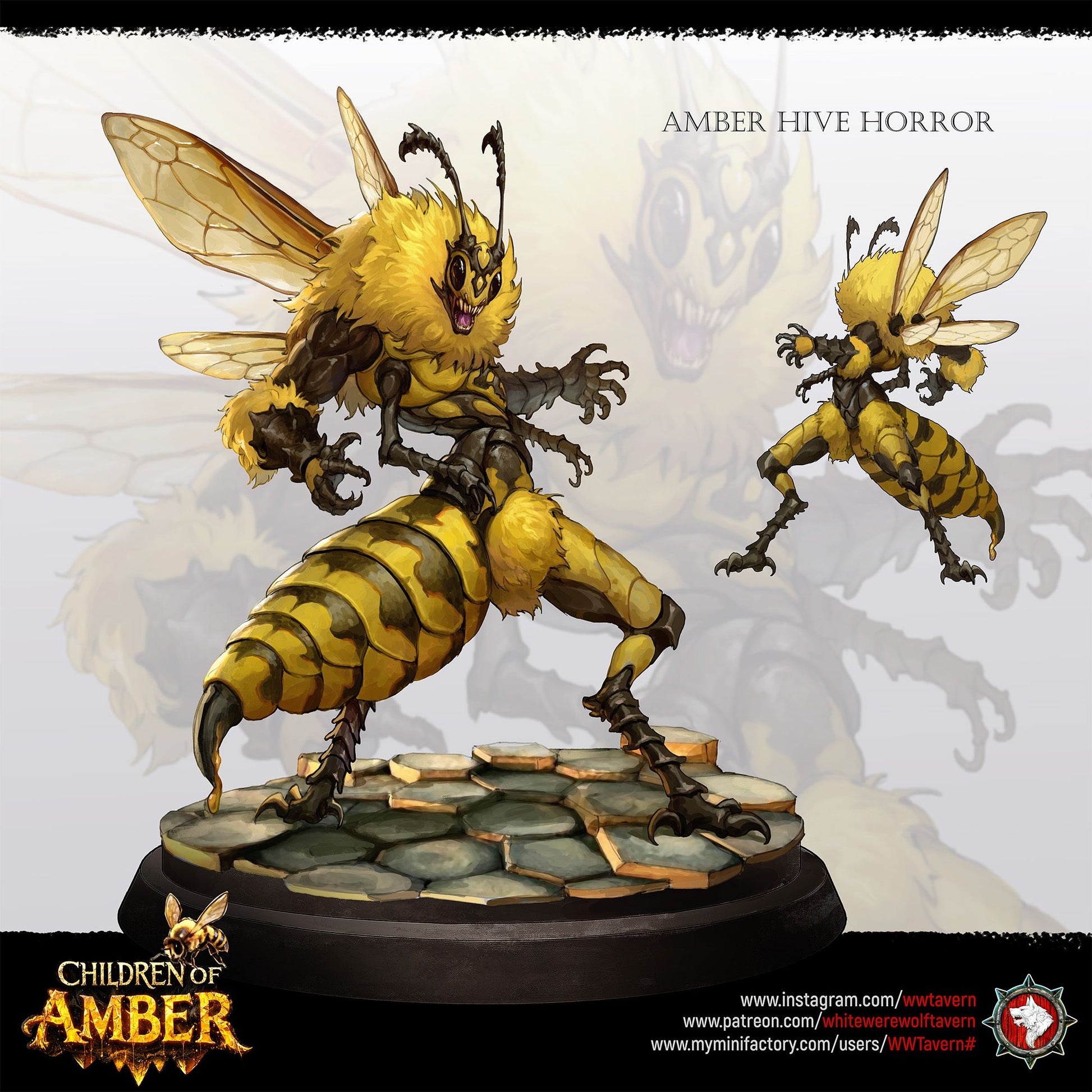 Render of Amber Hive Horrors | 32mm Fantasy Insect Monster Miniatures: Six hulking bee-kin hive abominations with claws and wings, from White Werewolf's Children of Amber. 32mm 3D printed resin monsters, single or full set.