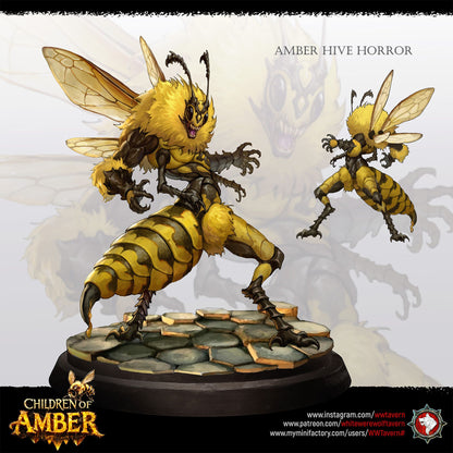 Render of Amber Hive Horrors | 32mm Fantasy Insect Monster Miniatures: Six hulking bee-kin hive abominations with claws and wings, from White Werewolf's Children of Amber. 32mm 3D printed resin monsters, single or full set.
