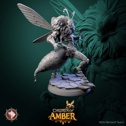 Render of Amber Hive Horrors | 32mm Fantasy Insect Monster Miniatures: Six hulking bee-kin hive abominations with claws and wings, from White Werewolf's Children of Amber. 32mm 3D printed resin monsters, single or full set.