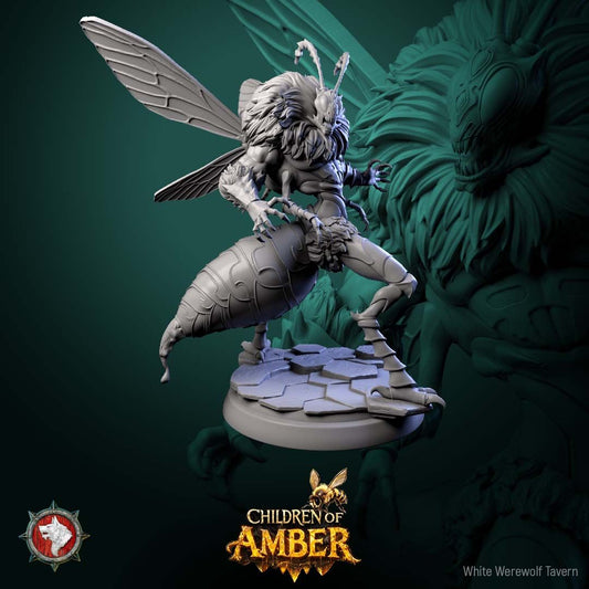 Render of Amber Hive Horrors | 32mm Fantasy Insect Monster Miniatures: Six hulking bee-kin hive abominations with claws and wings, from White Werewolf's Children of Amber. 32mm 3D printed resin monsters, single or full set.