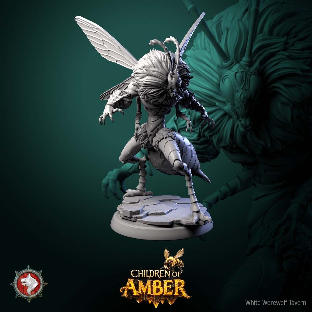 Render of Amber Hive Horrors | 32mm Fantasy Insect Monster Miniatures: Six hulking bee-kin hive abominations with claws and wings, from White Werewolf's Children of Amber. 32mm 3D printed resin monsters, single or full set.