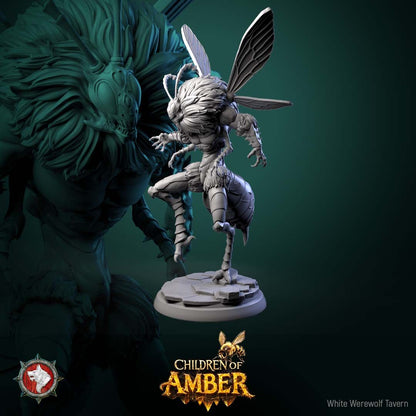 Render of Amber Hive Horrors | 32mm Fantasy Insect Monster Miniatures: Six hulking bee-kin hive abominations with claws and wings, from White Werewolf's Children of Amber. 32mm 3D printed resin monsters, single or full set.