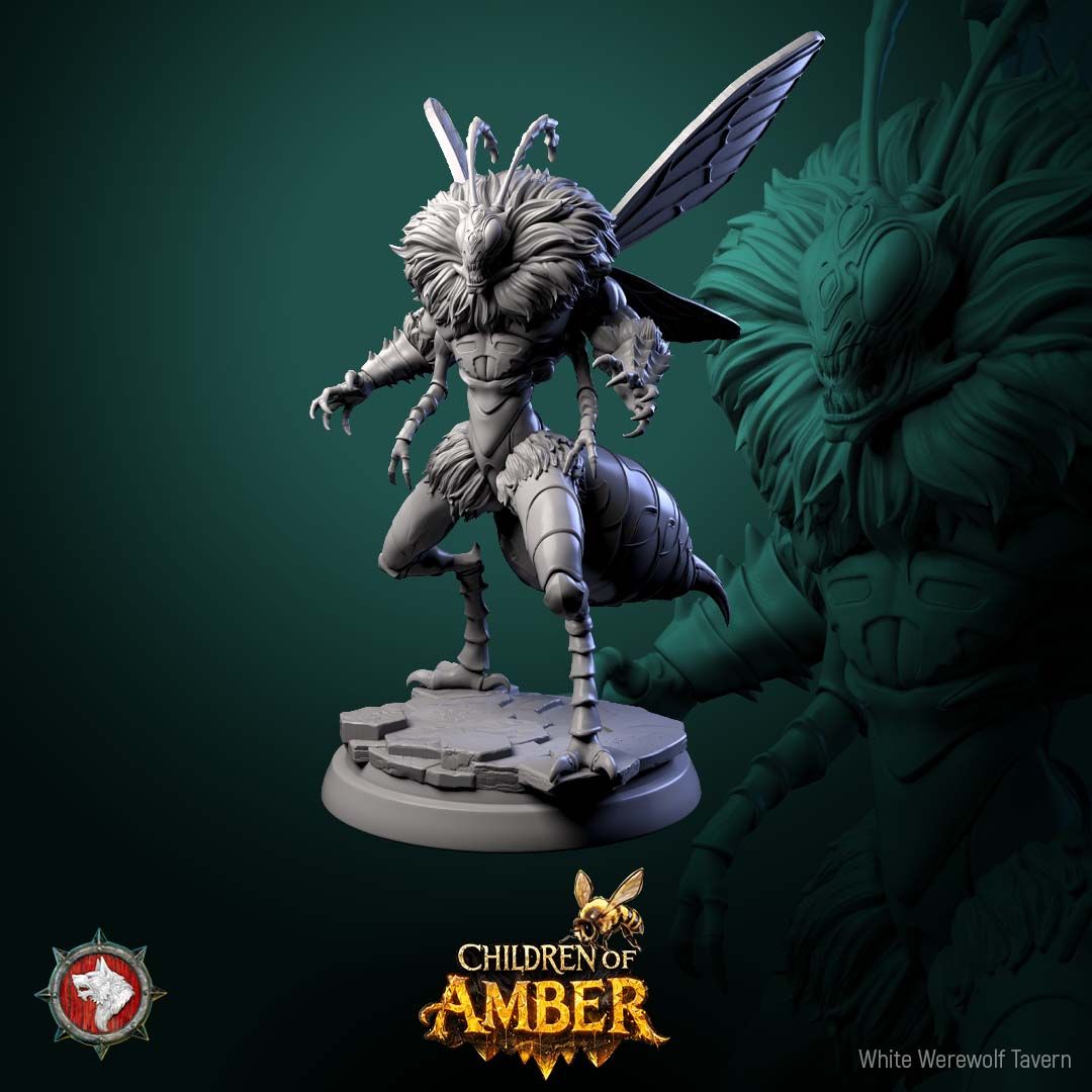 Render of Amber Hive Horrors | 32mm Fantasy Insect Monster Miniatures: Six hulking bee-kin hive abominations with claws and wings, from White Werewolf's Children of Amber. 32mm 3D printed resin monsters, single or full set.
