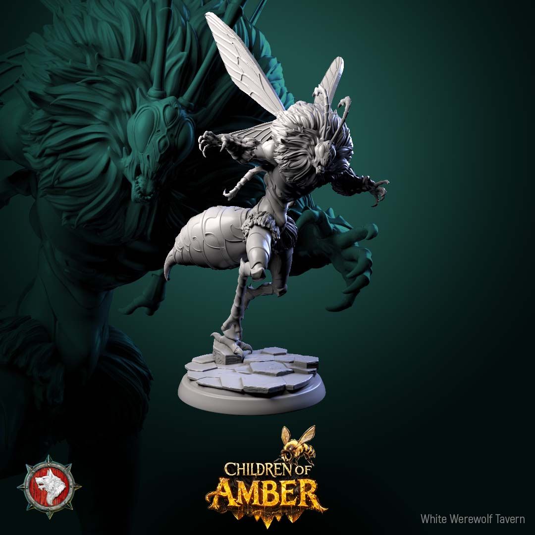 Render of Amber Hive Horrors | 32mm Fantasy Insect Monster Miniatures: Six hulking bee-kin hive abominations with claws and wings, from White Werewolf's Children of Amber. 32mm 3D printed resin monsters, single or full set.