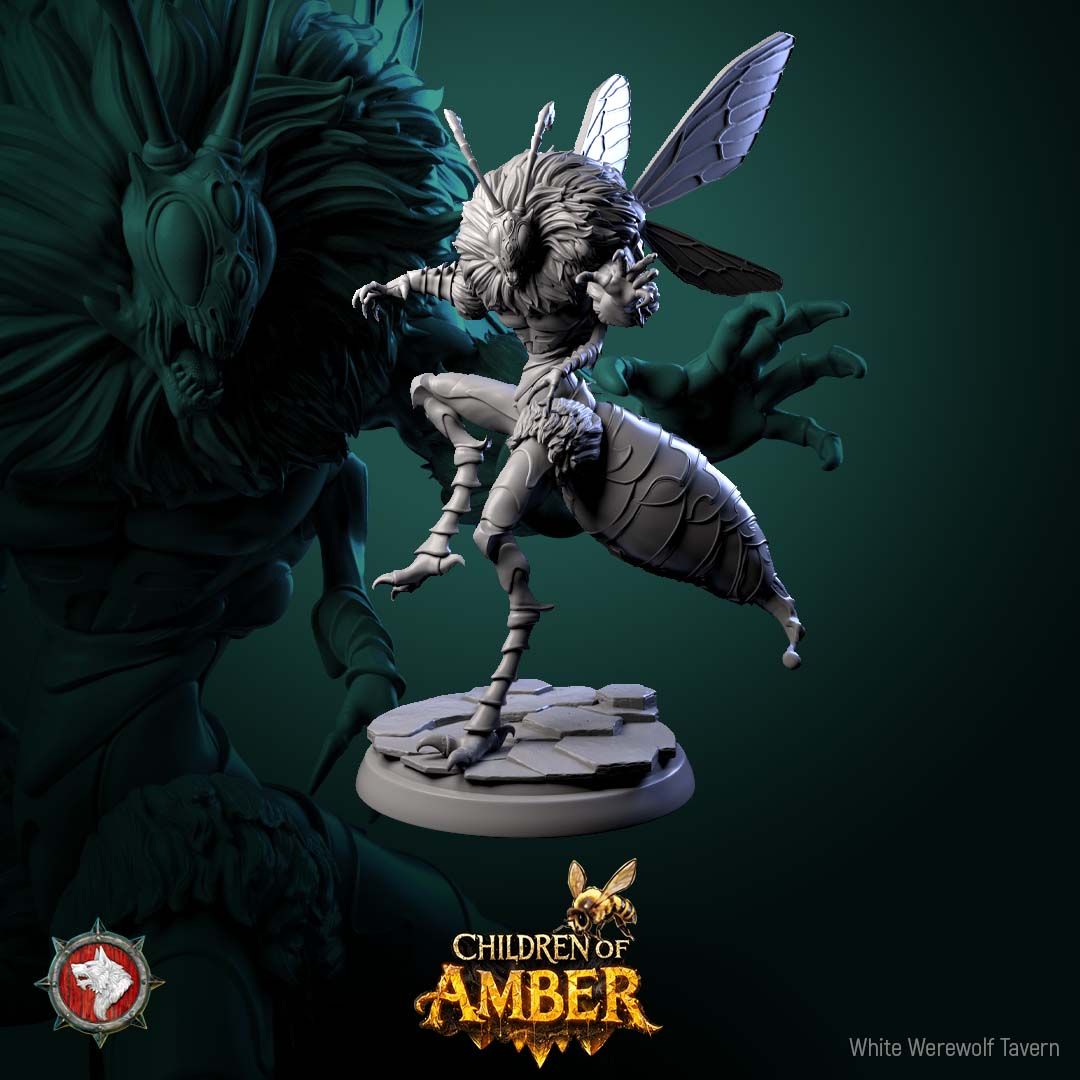 Render of Amber Hive Horrors | 32mm Fantasy Insect Monster Miniatures: Six hulking bee-kin hive abominations with claws and wings, from White Werewolf's Children of Amber. 32mm 3D printed resin monsters, single or full set.