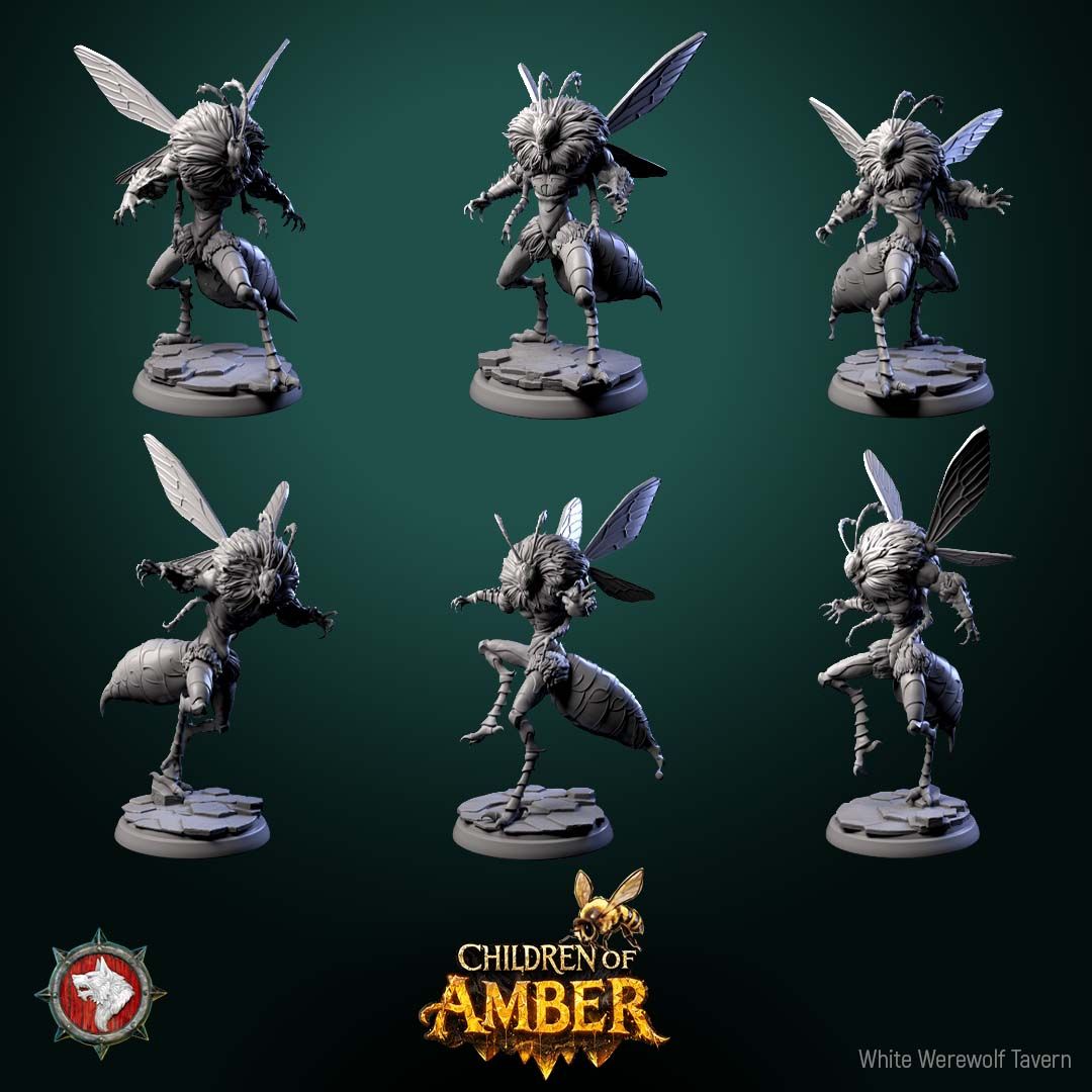 Render of Amber Hive Horrors | 32mm Fantasy Insect Monster Miniatures: Six hulking bee-kin hive abominations with claws and wings, from White Werewolf's Children of Amber. 32mm 3D printed resin monsters, single or full set.