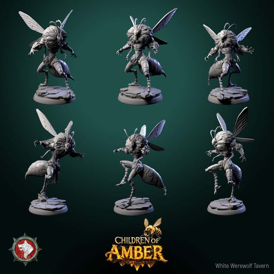Render of Amber Hive Horrors | 32mm Fantasy Insect Monster Miniatures: Six hulking bee-kin hive abominations with claws and wings, from White Werewolf's Children of Amber. 32mm 3D printed resin monsters, single or full set.