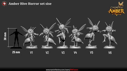 Render of Amber Hive Horrors | 32mm Fantasy Insect Monster Miniatures: Six hulking bee-kin hive abominations with claws and wings, from White Werewolf's Children of Amber. 32mm 3D printed resin monsters, single or full set.