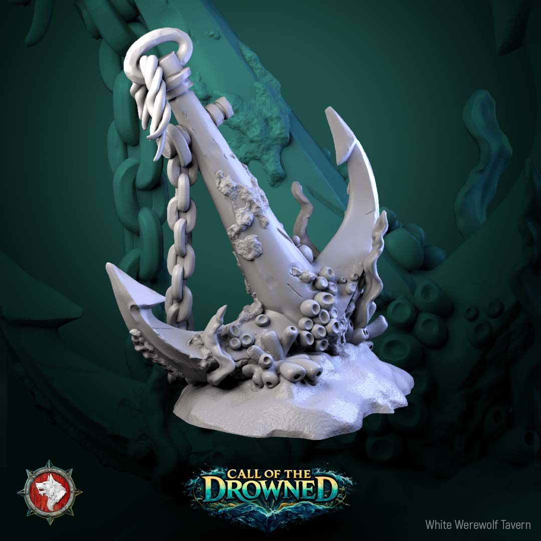 Render of Underwater Scatter Terrain | Sunken Treasure, Coral and Anchor: Treasure chest, coral reef, and fouled anchor scatter pieces for underwater tables and dioramas, from Call of the Drowned. 3D printed resin terrain set.