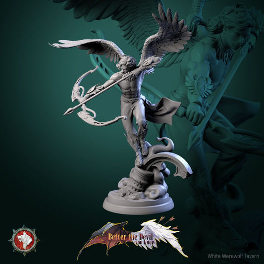 Render of Angel Archer Display Model | 75mm Celestial Archer: Winged celestial archer drawing an ornate bow over ruins, from White Werewolf's Better the Devil You Know. 75mm 3D printed resin display model.
