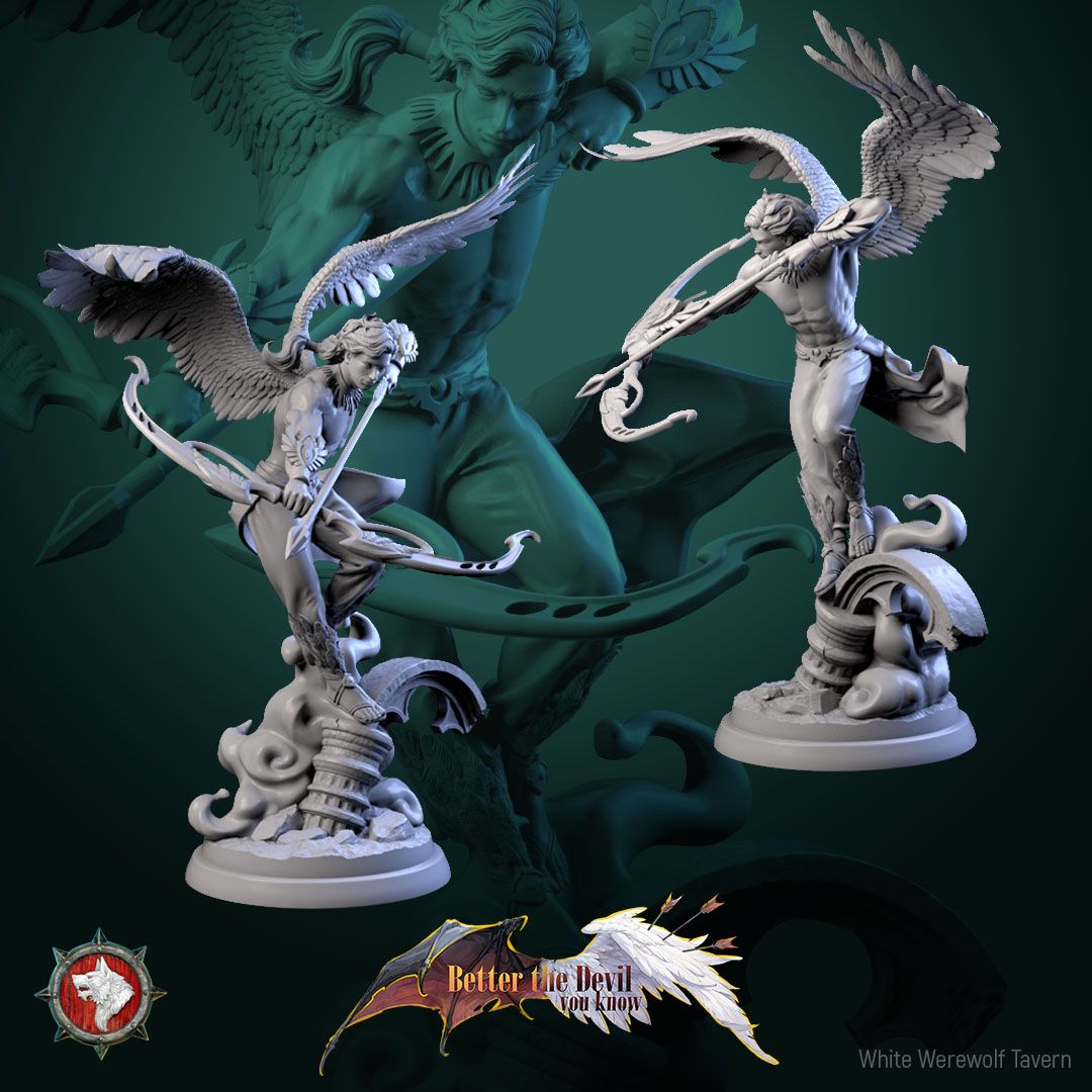 Render of Angel Archer Display Model | 75mm Celestial Archer: Winged celestial archer drawing an ornate bow over ruins, from White Werewolf's Better the Devil You Know. 75mm 3D printed resin display model.