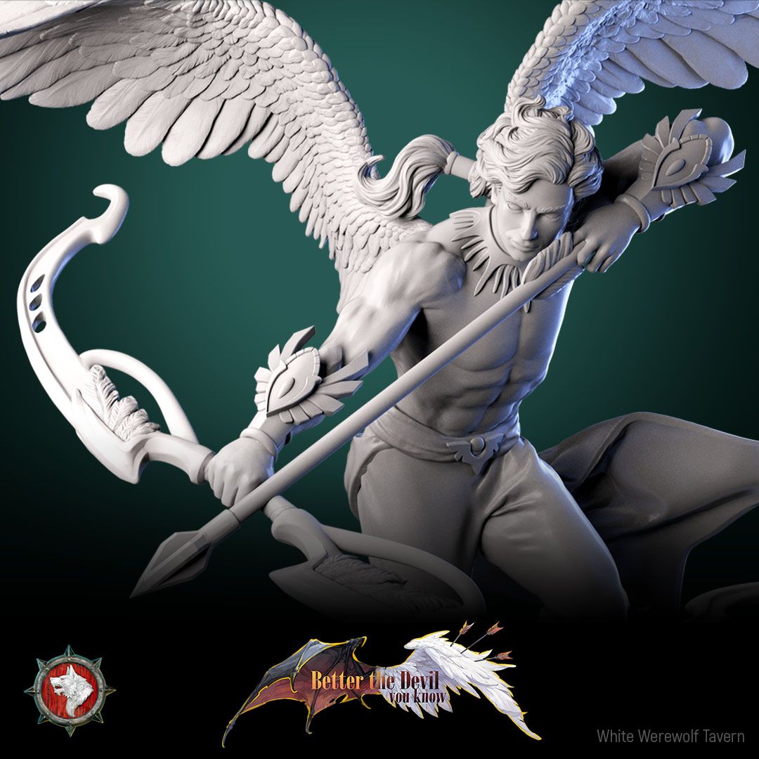 Render of Angel Archer Display Model | 75mm Celestial Archer: Winged celestial archer drawing an ornate bow over ruins, from White Werewolf's Better the Devil You Know. 75mm 3D printed resin display model.