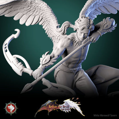 Render of Angel Archer Display Model | 75mm Celestial Archer: Winged celestial archer drawing an ornate bow over ruins, from White Werewolf's Better the Devil You Know. 75mm 3D printed resin display model.
