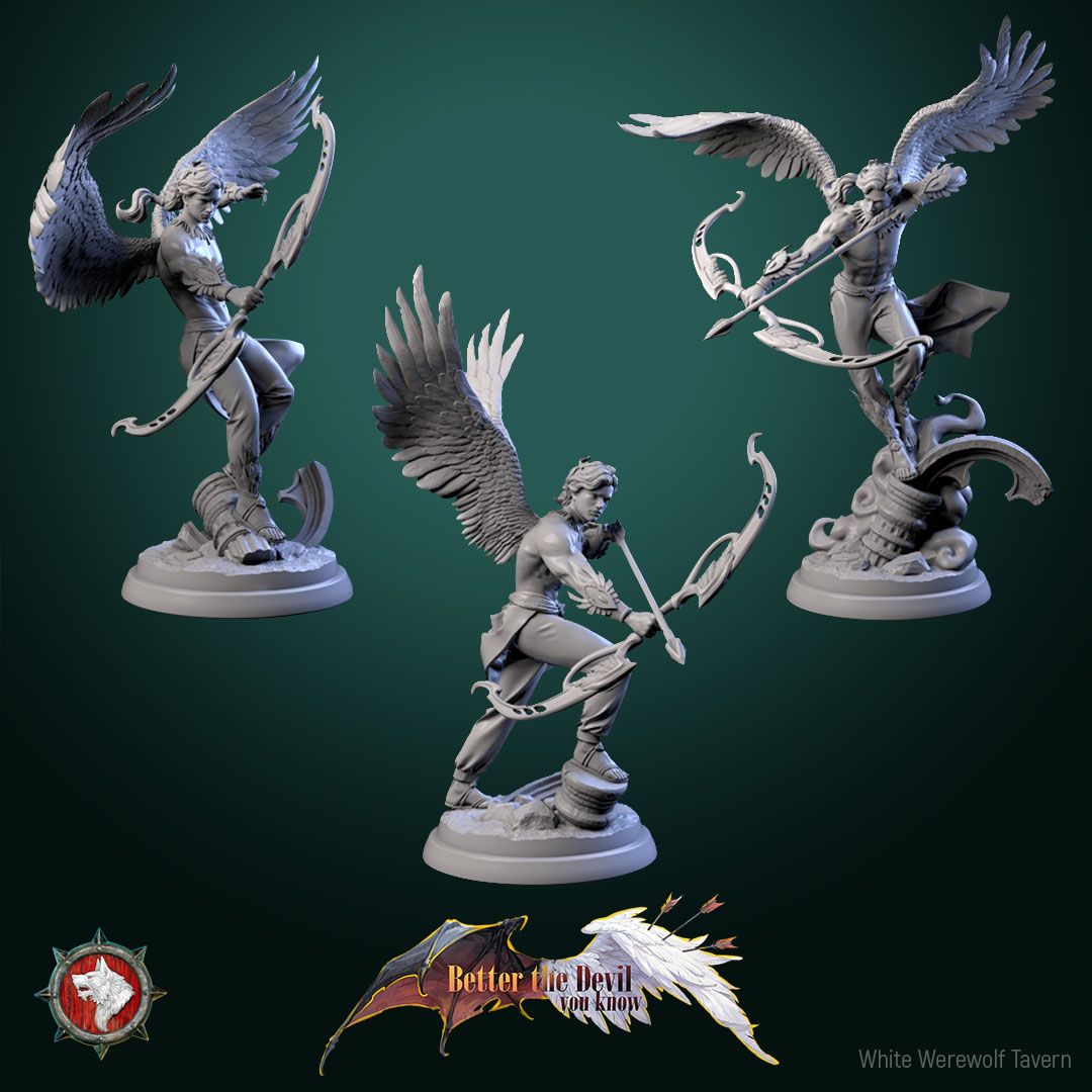 Render of Angel Archers | 32mm Celestial Archer Miniatures: Three winged celestial archers with ornate bows over ruins, from White Werewolf's Better the Devil You Know. 32mm 3D printed resin, single or set.