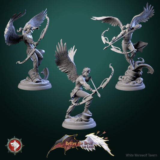 Render of Angel Archers | 32mm Celestial Archer Miniatures: Three winged celestial archers with ornate bows over ruins, from White Werewolf's Better the Devil You Know. 32mm 3D printed resin, single or set.