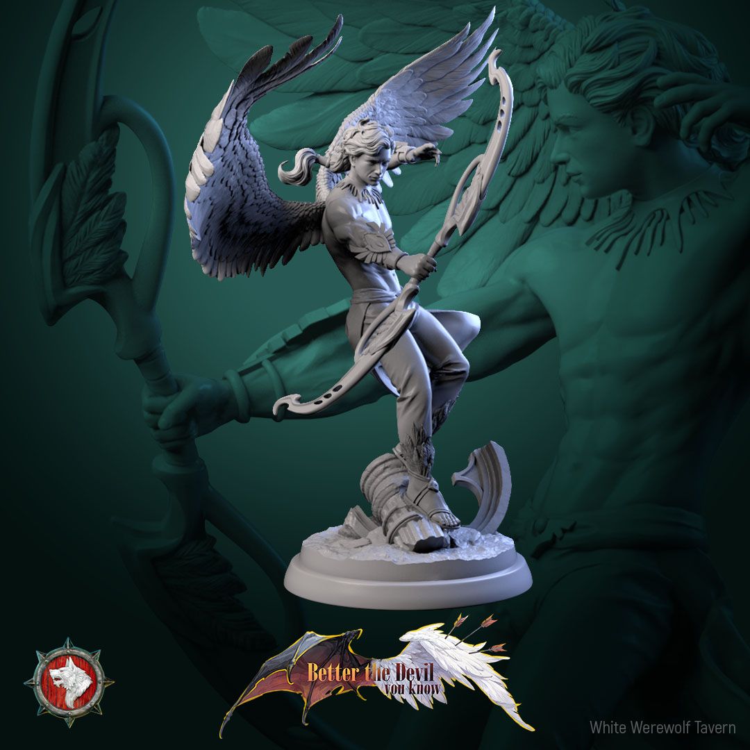 Render of Angel Archers | 32mm Celestial Archer Miniatures: Three winged celestial archers with ornate bows over ruins, from White Werewolf's Better the Devil You Know. 32mm 3D printed resin, single or set.
