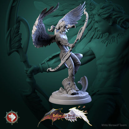 Render of Angel Archers | 32mm Celestial Archer Miniatures: Three winged celestial archers with ornate bows over ruins, from White Werewolf's Better the Devil You Know. 32mm 3D printed resin, single or set.