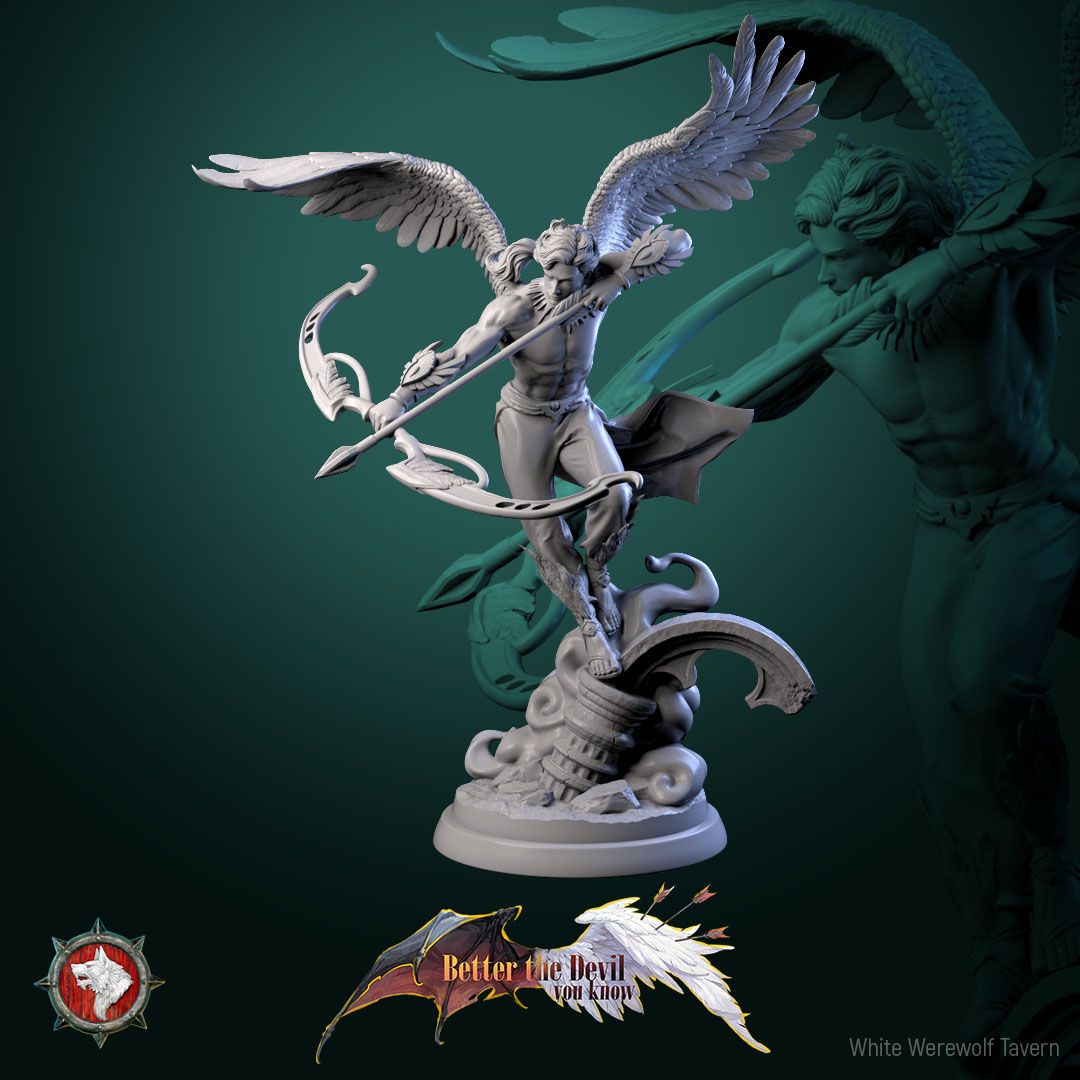 Render of Angel Archers | 32mm Celestial Archer Miniatures: Three winged celestial archers with ornate bows over ruins, from White Werewolf's Better the Devil You Know. 32mm 3D printed resin, single or set.