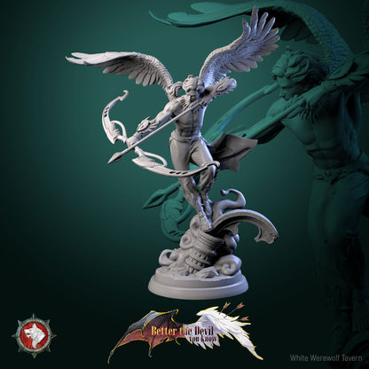 Render of Angel Archers | 32mm Celestial Archer Miniatures: Three winged celestial archers with ornate bows over ruins, from White Werewolf's Better the Devil You Know. 32mm 3D printed resin, single or set.