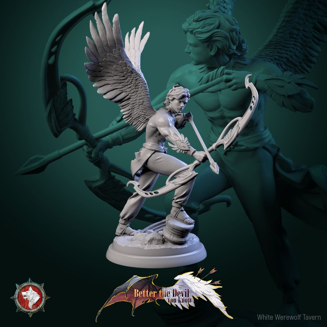 Render of Angel Archers | 32mm Celestial Archer Miniatures: Three winged celestial archers with ornate bows over ruins, from White Werewolf's Better the Devil You Know. 32mm 3D printed resin, single or set.