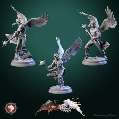 Render of Angel Soldiers | 32mm Celestial Warrior Miniatures: Three winged celestial soldiers with spiked maces over ruins, from White Werewolf's Better the Devil You Know. 32mm 3D printed resin, single or set.