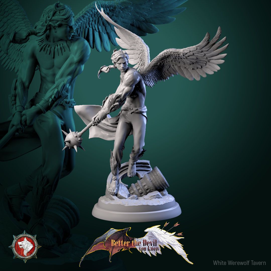 Render of Angel Soldiers | 32mm Celestial Warrior Miniatures: Three winged celestial soldiers with spiked maces over ruins, from White Werewolf's Better the Devil You Know. 32mm 3D printed resin, single or set.