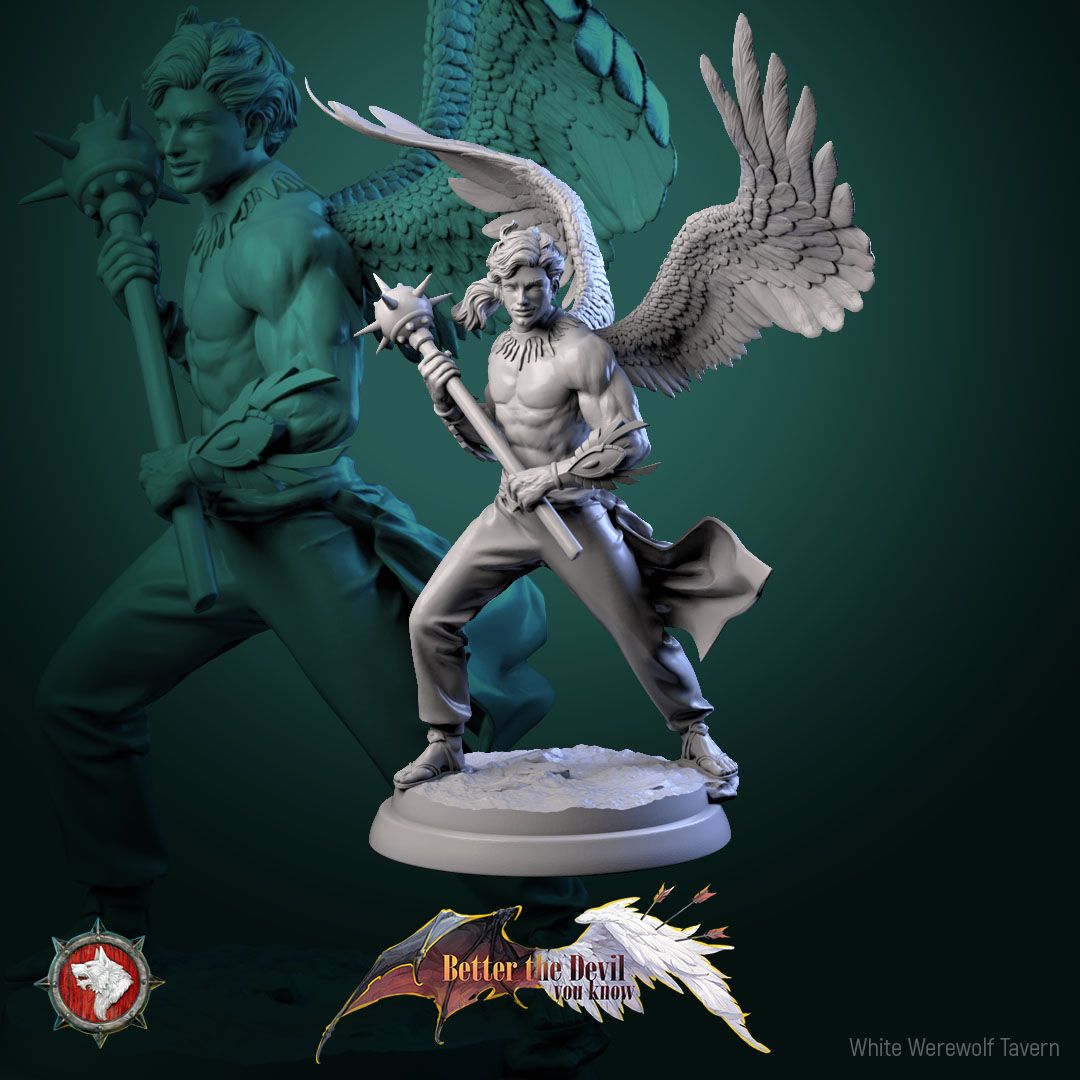 Render of Angel Soldiers | 32mm Celestial Warrior Miniatures: Three winged celestial soldiers with spiked maces over ruins, from White Werewolf's Better the Devil You Know. 32mm 3D printed resin, single or set.