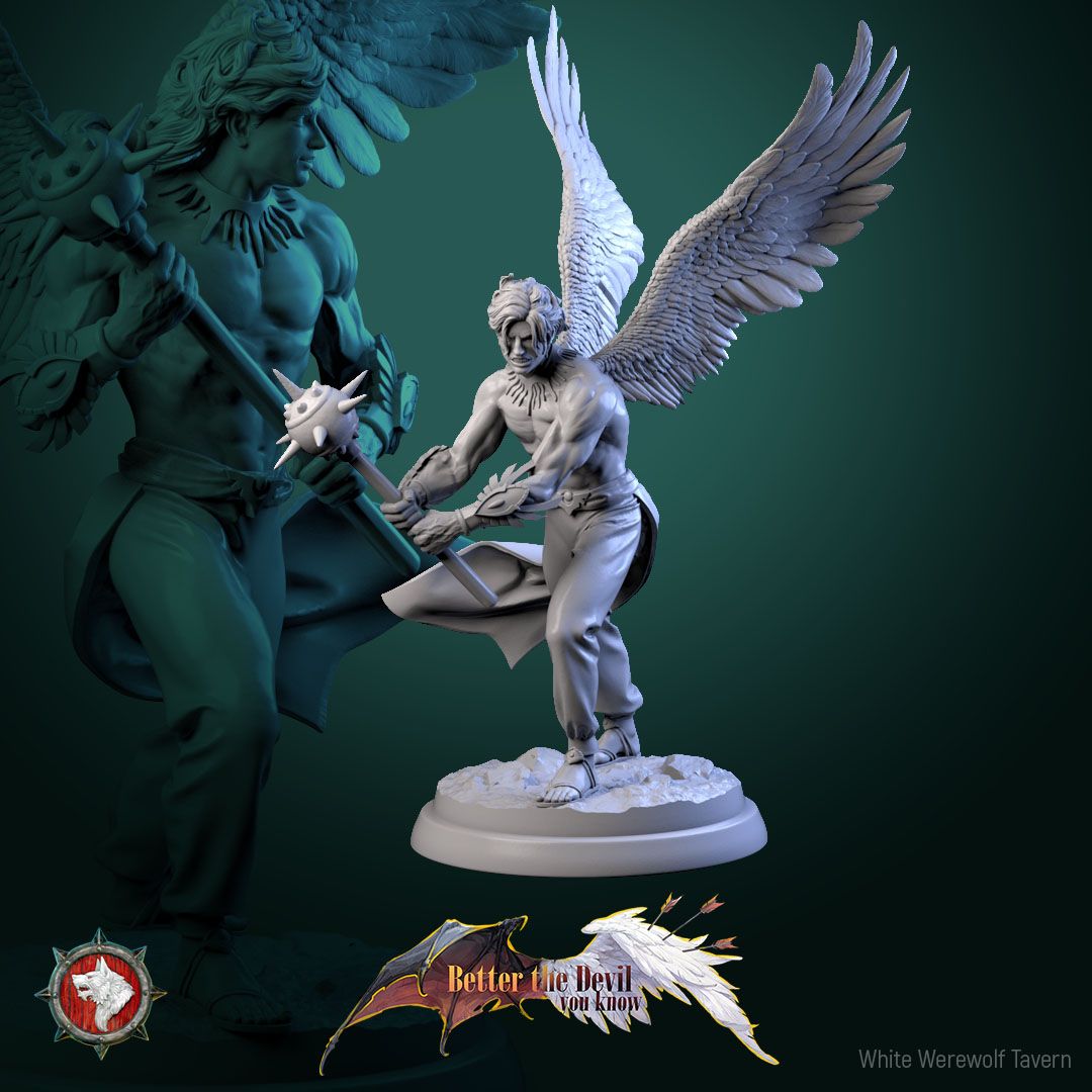 Render of Angel Soldiers | 32mm Celestial Warrior Miniatures: Three winged celestial soldiers with spiked maces over ruins, from White Werewolf's Better the Devil You Know. 32mm 3D printed resin, single or set.