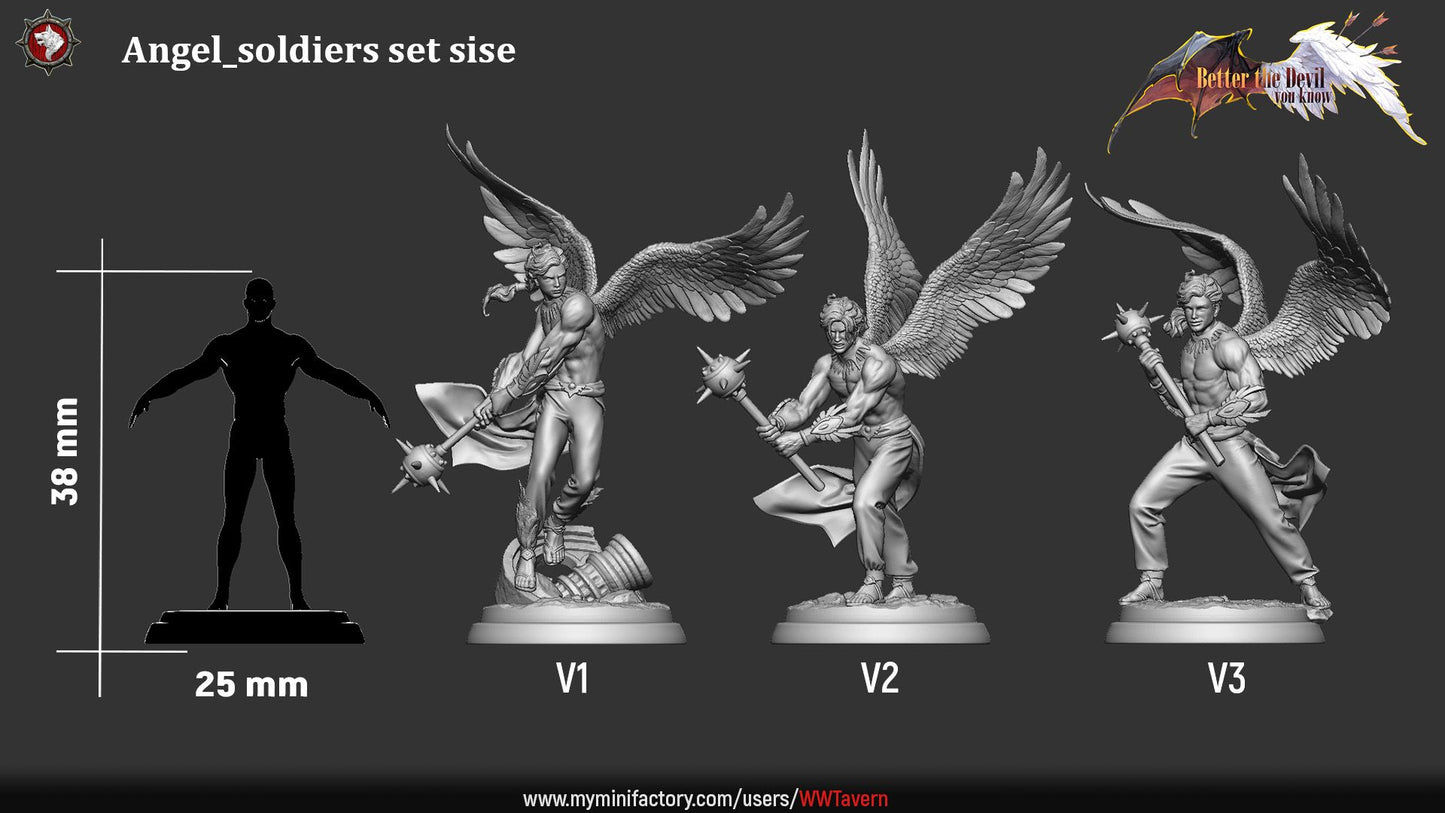 Render of Angel Soldiers | 32mm Celestial Warrior Miniatures: Three winged celestial soldiers with spiked maces over ruins, from White Werewolf's Better the Devil You Know. 32mm 3D printed resin, single or set.