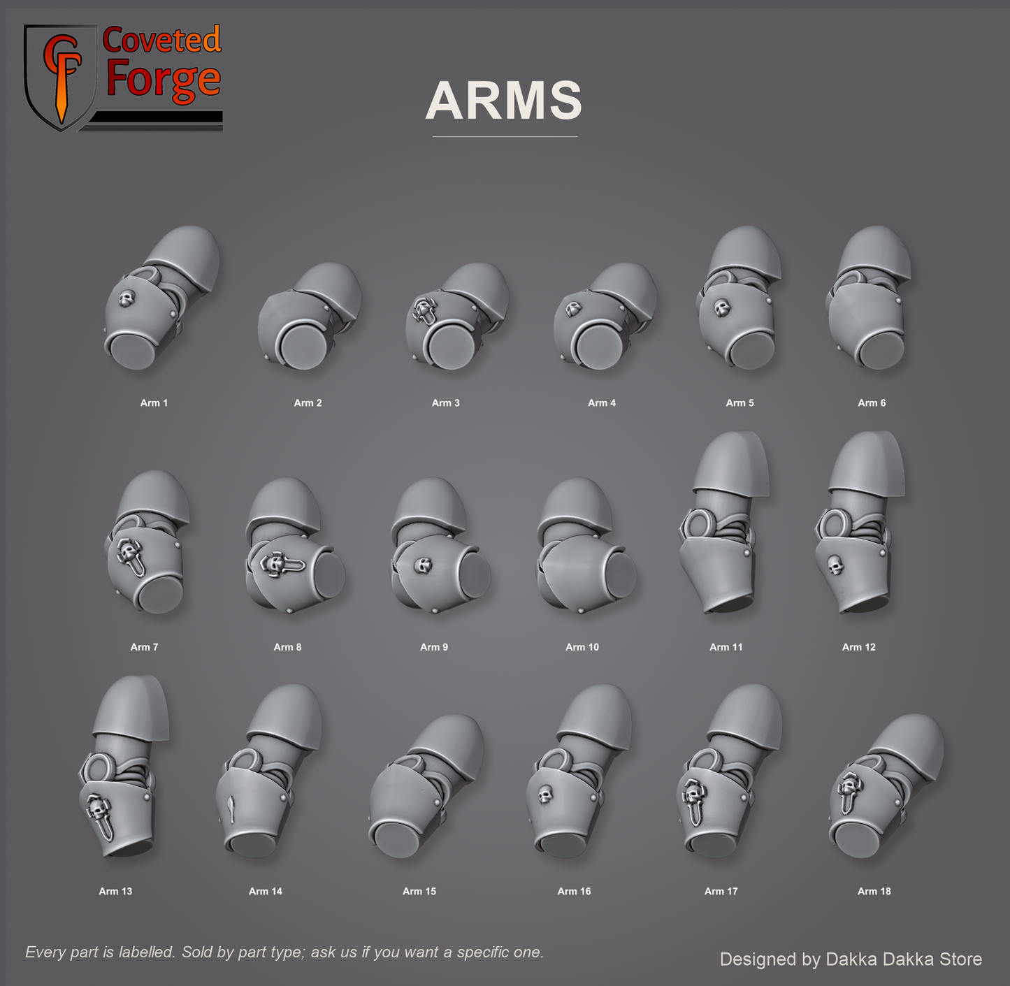 Eighteen single power armour arms angled to show the emblem plate on each bracer, individually labelled on a charcoal studio sheet