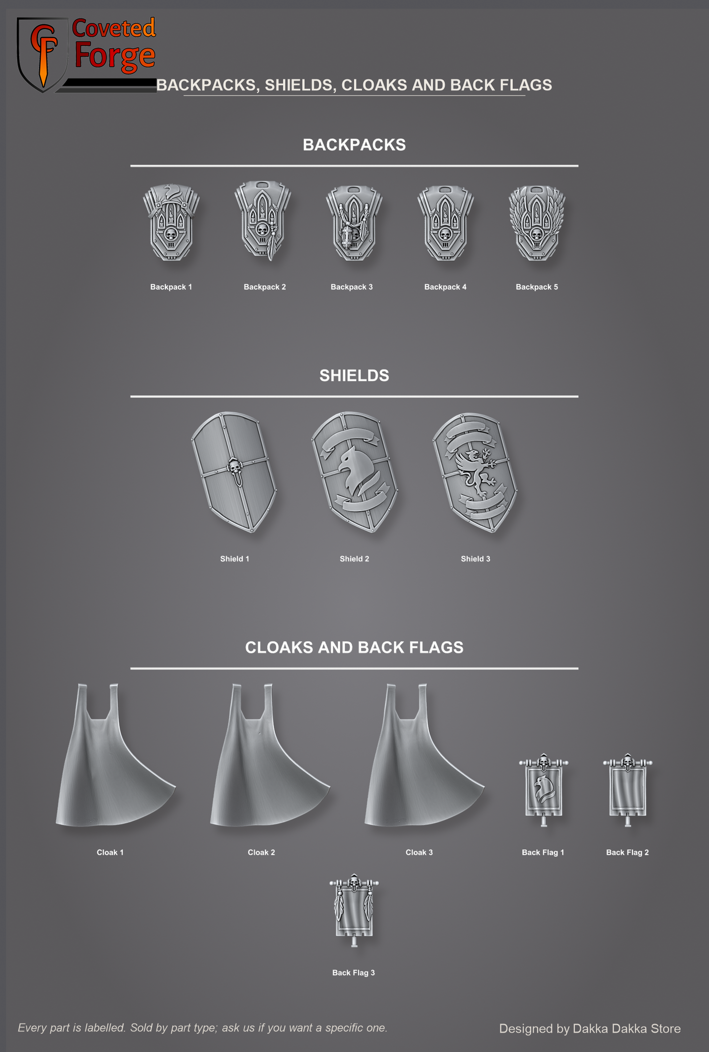 Black Gryphons core set backpacks, shields, cloaks and back flags, individually labelled