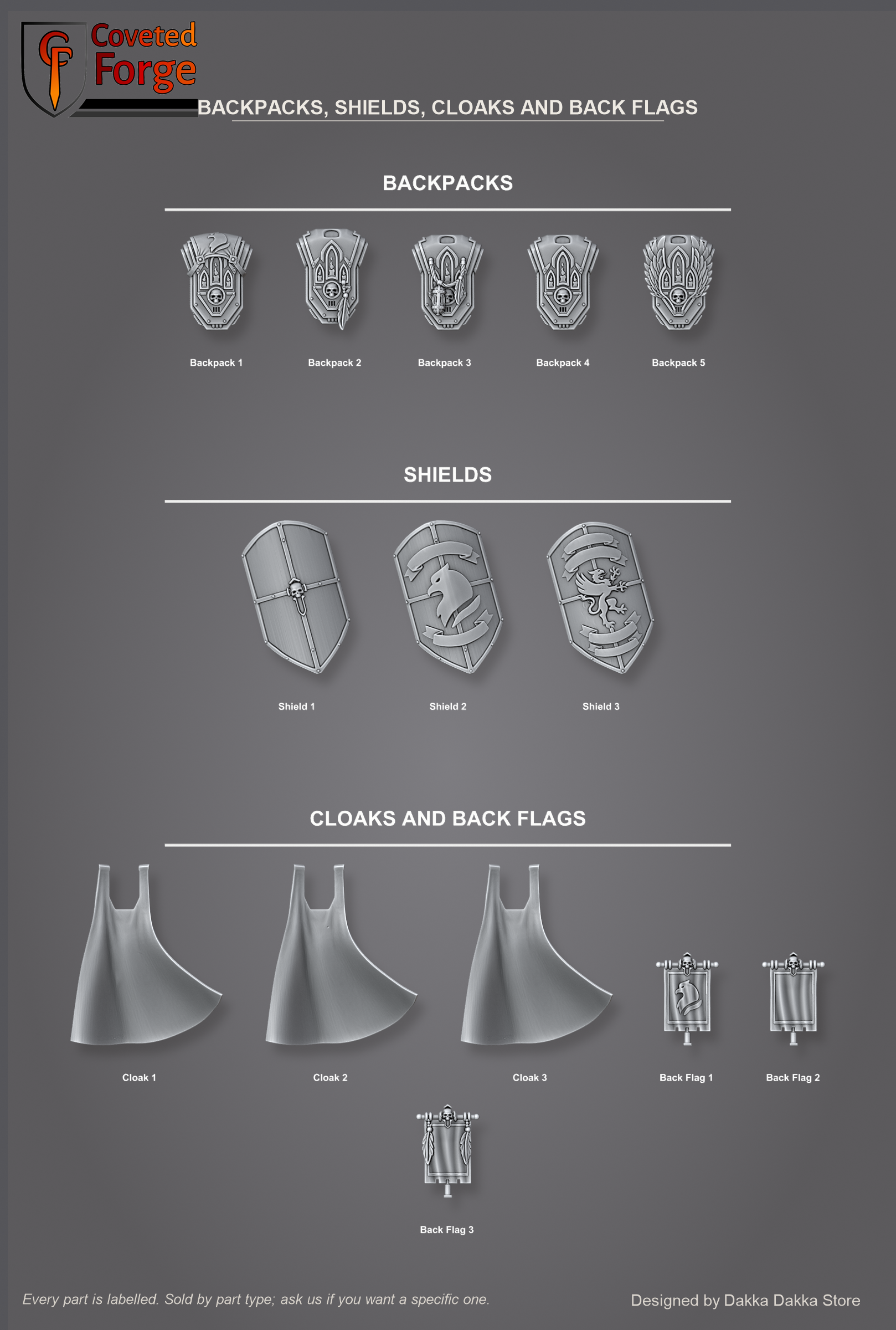 Black Gryphons core set backpacks, shields, cloaks and back flags, individually labelled