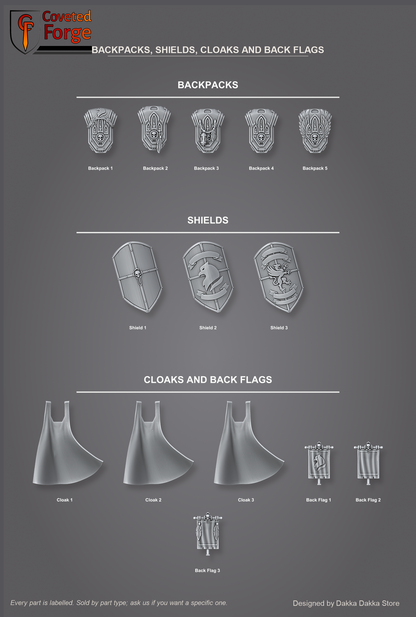 Black Gryphons core set backpacks, shields, cloaks and back flags, individually labelled