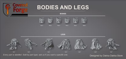 Six power armour torsos with winged and skull chest heraldry above seven cloaked leg sets, each part individually labelled on a charcoal studio sheet