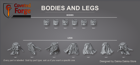 Six power armour torsos with winged and skull chest heraldry above seven cloaked leg sets, each part individually labelled on a charcoal studio sheet