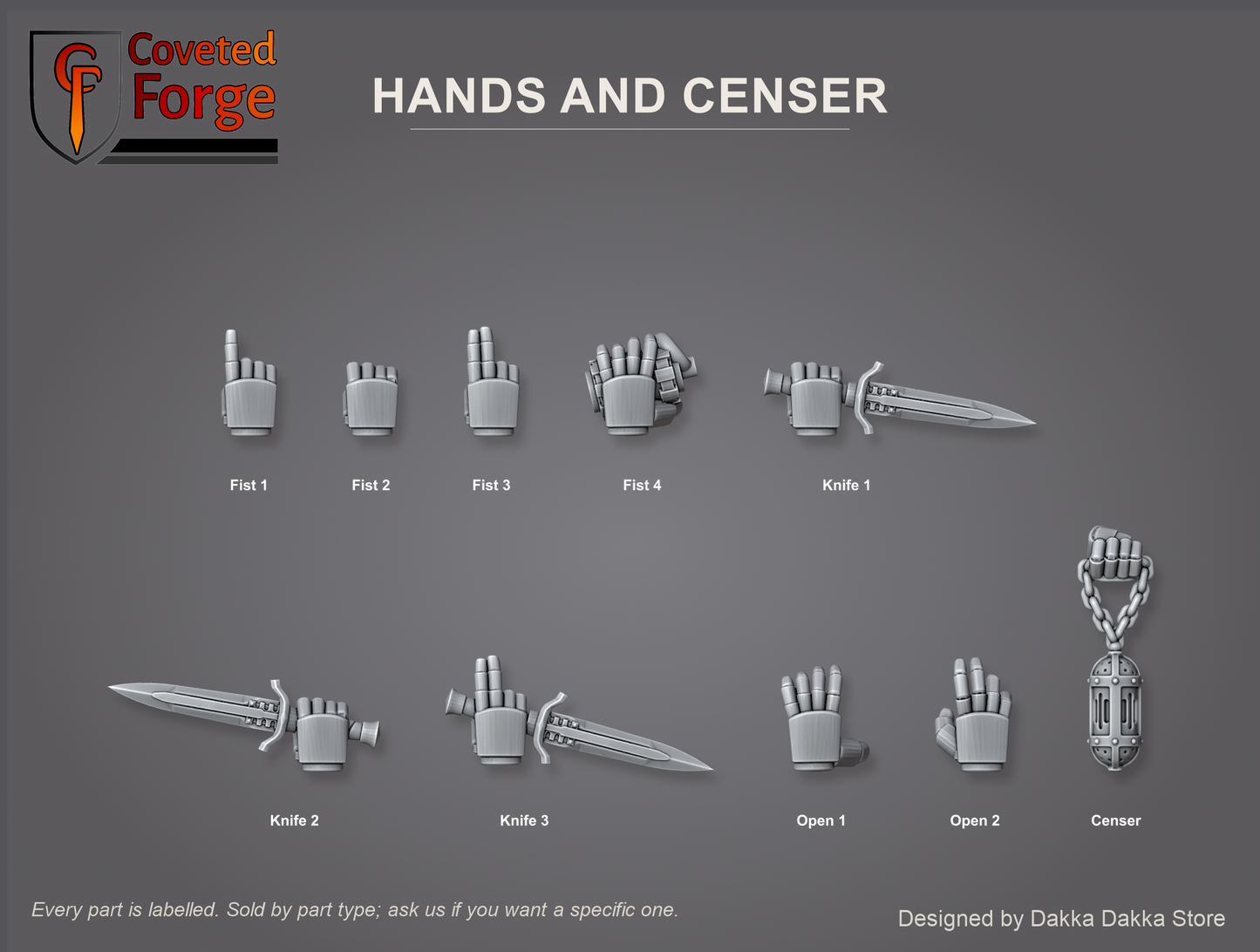 Black Gryphons core set hands, gripping fists, combat knife hands, open hands and a chained censer, individually labelled