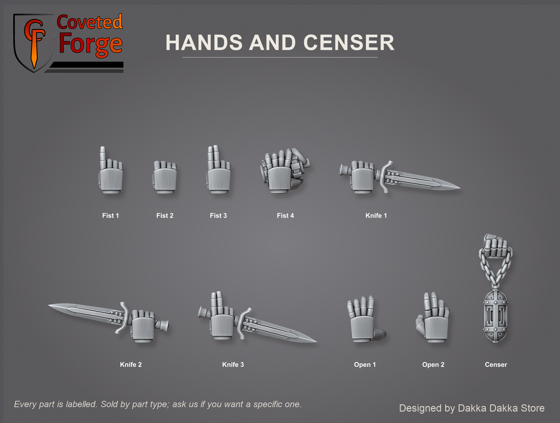 Black Gryphons core set hands, gripping fists, combat knife hands, open hands and a chained censer, individually labelled