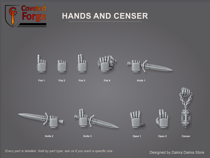 Black Gryphons core set hands, gripping fists, combat knife hands, open hands and a chained censer, individually labelled
